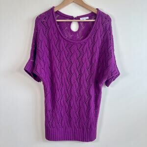Delias Purple Knit Sweater Crochet Y2K Top Keyhole Back Short Sleeve Size XL